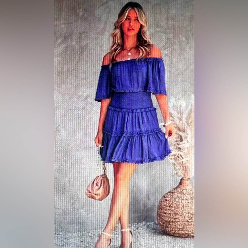 She + Sky( from Vici Collections) Purple Smocked Off the Shoulder Dress -Size M